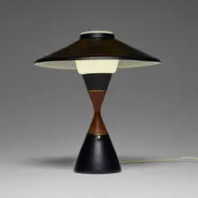 Table lamp by Svend Aage Holm-Sørensen, c. 1955, lacquered aluminum, opal glass, teak, sold Aug 2026