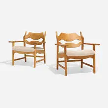 Henning Kjaernulf, Lounge chairs, pair, c. 1965, oak, upholstery