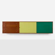Harbo Sølvsten, Wall-mounted cabinet, c. 1955, pine, lacquered wood, leather, brass