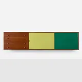Harbo Sølvsten, Wall-mounted cabinet, c. 1955, pine, lacquered wood, leather, brass