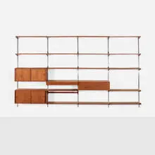 FM Reolsystem wall unit by Kai Kristiansen, c. 1960, teak, aluminum, sold Aug 2026