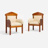 Armchairs, pair by Arvid Rundberg and Kauno S. Kallio, c. 1902, carved and stained birch, upholstery, steel tacks, sold Aug 2026
