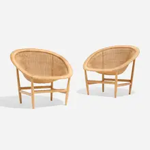Lounge chairs, pair by Nanna & Jørgen Ditzel, c. 1950, rattan, ash, sold Aug 2026