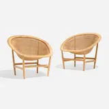 Lounge chairs, pair by Nanna & Jørgen Ditzel, c. 1950, rattan, ash, sold Aug 2026