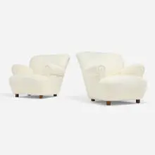 attribution Mogens Lassen, Lounge chairs, pair, c. 1940, upholstery, stained oak