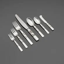 Georg Jensen, Scroll flatware service, model 22, sterling silver, stainless steel