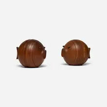 Ernst Henriksen, Puffer Fish nesting coaster sets, pair, c. 1980, teak, brass