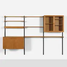 FM Reolsystem wall unit by Kai Kristiansen, c. 1965, oak, enameled steel, glass, acrylic, sold Aug 2026