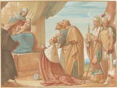 Eduard von Steinle, Kaiser Franz Joseph I. von seinen Namenspatronen der Muttergottes anempfohlen, 1850, Aquarell über Kreide, mit Deckweiß gehöht, auf Karton