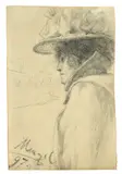 Adolph von Menzel, Frau mit großem Hut, nach links blickend