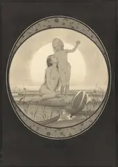 Fidus, Vom Himmel, 1893, Pinsel in Grau und Schwarz, Feder in Schwarz und Bleistift auf Papier, vom Künstler fest auf grauen Karton montiert