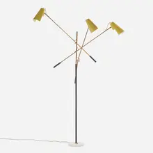 Three-arm floor lamp by Stilnovo, c. 1950, brass, enameled aluminum, enameled steel, marble, sold Apr 2023