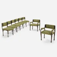 Paul Evans, Sculpted Bronze chairs, set of eight, c. 1970, bronzed resin over steel, upholstery