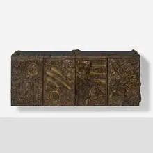 Paul Evans, Sculpted Bronze wall-hanging cabinet, model PE 40, 1969, bronzed resin over wood, smoked glass