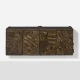 Sculpted Bronze wall-hanging cabinet, model PE 40 by Paul Evans, 1969, bronzed resin over wood, smoked glass, sold Apr 2023