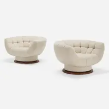 Swivel lounge chairs, pair by Adrian Pearsall, c. 1960, boucle upholstery, walnut, sold Apr 2023