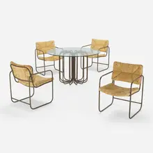 Lawrence Peabody, Dining set, 1970, bronze, seagrass, glass