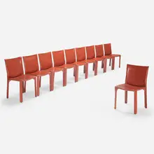 Mario Bellini, Cab chairs, model 412, set of ten, 1976, leather over enameled steel, plastic