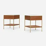 Paul McCobb, Nightstands, model 8714, pair, c. 1955, walnut, brass, structural glass, cane