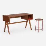 Pierre Jeanneret, Desk and stool from Chandigarh, c. 1960, teak, enameled steel, vinyl