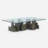 Sculpted Bronze coffee table by Paul Evans, 1979, bronzed resin over steel, glass, sold Apr 2023