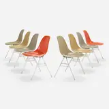 DSSs, set of eight by Charles and Ray Eames, 1955, molded fiberglass, zinc-plated steel, rubber, plastic, sold Apr 2023
