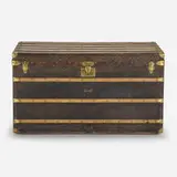 Goyard, Steamer trunk, c. 1920, vinylized canvas, brass, leather, wood, upholstery