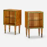 Nightstands from Casa Ceccato, Milan, pair by Gio Ponti and Paolo De Poli, 1950, Ferrara walnut root, ash, enameled copper, brass, glass, sold Nov 2022