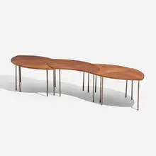 Pinwheel table, model 523 by Peter Hvidt & Orla Mølgaard-Nielsen, c. 1965, teak, brass-plated steel, sold Aug 2026