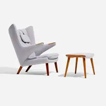 Hans J. Wegner, Papa Bear lounge chair and ottoman, upholstery, teak