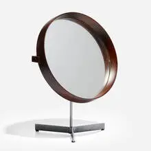 Table mirror by Uno and Osten Kristiansson, c. 1960, rosewood, mirrored glass, metal, leather, sold Aug 2026