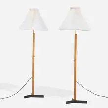 Adjustable floor lamps, pair by Svend Aage Holm-Sørensen, c. 1950, oak, enameled steel, brass, paper, sold Aug 2026