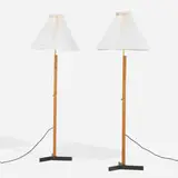 Adjustable floor lamps, pair by Svend Aage Holm-Sørensen, c. 1950, oak, enameled steel, brass, paper, sold Aug 2026