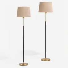Bertil Brisborg, Floor lamps, pair, c. 1950, brass, saddle-stitched leather, microfiber shade