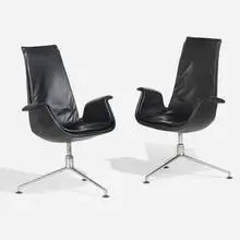 Tall Back Bird chairs, pair by Preben Fabricius and Jørgen Kastholm, c. 1975, leather upholstery, stainless steel, sold Aug 2026