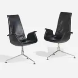 Tall Back Bird chairs, pair by Preben Fabricius and Jørgen Kastholm, c. 1975, leather upholstery, stainless steel, sold Aug 2026