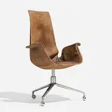 Tall Back Bird chair by Preben Fabricius and Jørgen Kastholm, c. 1970, leather, aluminum, casters, sold Aug 2026