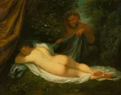 Leidener Maler, Nymphe und Satyr. Ende 17. Jahrhundert, Öl auf Kupfer