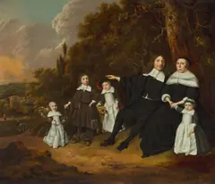 Pieter Merckelbach, Portrait einer Rotterdamer Familie vor italianisierender Landschaft, Um 1660, Öl auf Eichenholz