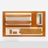 Gio Ponti, Illuminated organized wall from Villa Goldschmidt, Buenos Aires, c. 1955, mahogany veneer, tempered glass, brass, enameled brass