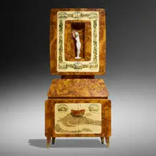 Gio Ponti and Piero Fornasetti, Trumeau from Casa Ceccato, Milan, 1950, Ferrara walnut root, hand-painted and lithographic transfer-printed wood, brass, porcelain