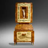 Trumeau from Casa Ceccato, Milan by Gio Ponti and Piero Fornasetti, 1950, Ferrara walnut root, hand-painted and lithographic transfer-printed wood, brass, porcelain, sold Nov 2022