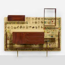 Gio Ponti and Piero Fornasetti, Wall unit from Casa Ceccato, Milan, 1950, rosewood, hand-painted and lithographic transfer-printed wood, brass
