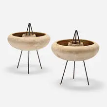 Sombrero planters, model M-109, pair by John Follis and Rex Goode, c. 1952, bisque ceramic, wrought iron, sold Nov 2022