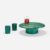 Aldo Tura, Coffee table, two stools and ice bucket, c. 1960, lacquered goatskin over wood, brass