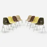 DSSs, set of eight by Charles and Ray Eames, 1955, molded fiberglass, zinc-plated steel, rubber, plastic, sold Nov 2022