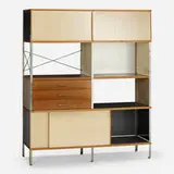 ESU 420-N by Charles and Ray Eames, 1950, enameled steel, lacquered Masonite, fiberglass, perforated steel, walnut plywood, lacquered plywood, birch, sold Nov 2022