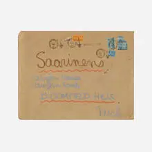 Ray Eames, Doodle (Saarinen envelope), 1950, crayon, ink and stamps on envelope