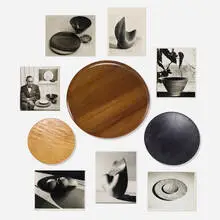 James Prestini, Group of three turned wood platters and ephemera, turned wood, silver gelatin prints