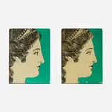 Profilo di donna bookends, two works by Piero Fornasetti, c. 1955, lithographic transfer print on steel, sold Nov 2022